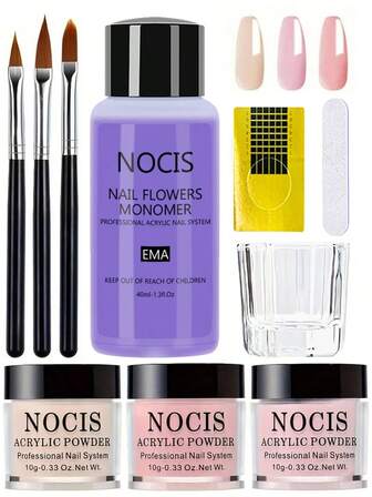 NOCIS Complete Crystal Nail Set - A Transparent Pink Nude Set From A Premium Home Hair Salon, Featuring Liquid Monoamide, Three Types Of Powder And Brushes For Nail Lengthening, Carving And French Nail Trimming - Odorless, The Perfect Home Beauty - The Perfect "Nail" Gift