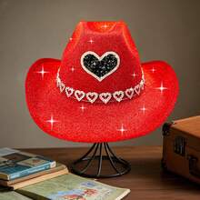 Adults Glitter Western Cowgirl Hats With Rhinestones Fashionable Wide Brim Fedora Caps For Outdoor Vacation - 紅色-愛心 - 查看 3