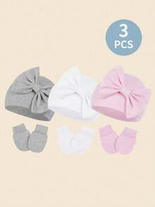 3 Juegos de Gorro y Manoplas para Recién Nacidos - Gorros de Bebé con Acento de Lazo + Manoplas Antirasguños para Bebés