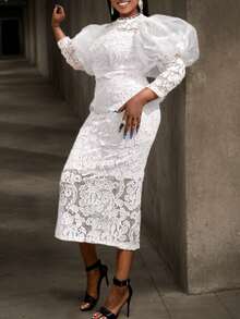 Women's Stylish White Lace Midi Dress - High Neck Puff Sleeves, Elegant Chic For Weddings, Evening Parties & Formal Occasions - 白色 - 查看 5
