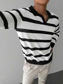 WAIT HIM 男士休闲条纹 Polo 领长袖毛衣 - 黑與白 - 查看 3