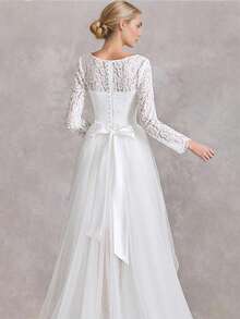 Sophisticated Scoop Neck Lace Long SLeeves High-Low Wedding Gown - Perfect For Christmas, Halloween, Weddings, Proms & Birthdays - trắng - Xem 4