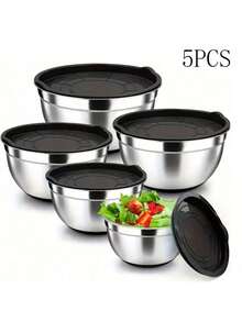5pcs Stainless Steel Whisk Set With Plastic Covers, Including Mixing Bowls For Baking - Multicolor - View 2