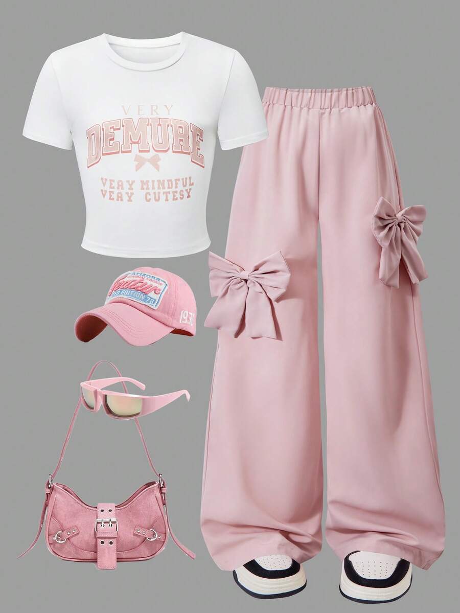 Fashion Sweet And Cool Girl Style Casual 2 - Piece Outfit: Pink Bow Wide - Leg Pants Matched With Letter Short - Sleeve Top, Suitable For Spring, Autumn, Summer, Parties, Campuses And Daily Wearing - 粉色 - 查看 1