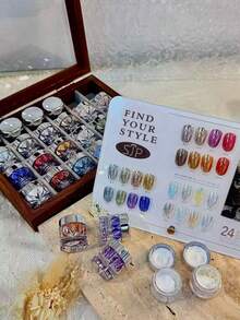 1/24-Color Moonlight Aurora Premium Mirror Nail Art Powder, With Storage Box, 24 Super Bright Mirror Powders, DIY Nail Art Decorations, Christmas Nail Art, Halloween Nail Art, Nail Decorations - 彩色 - 查看 3