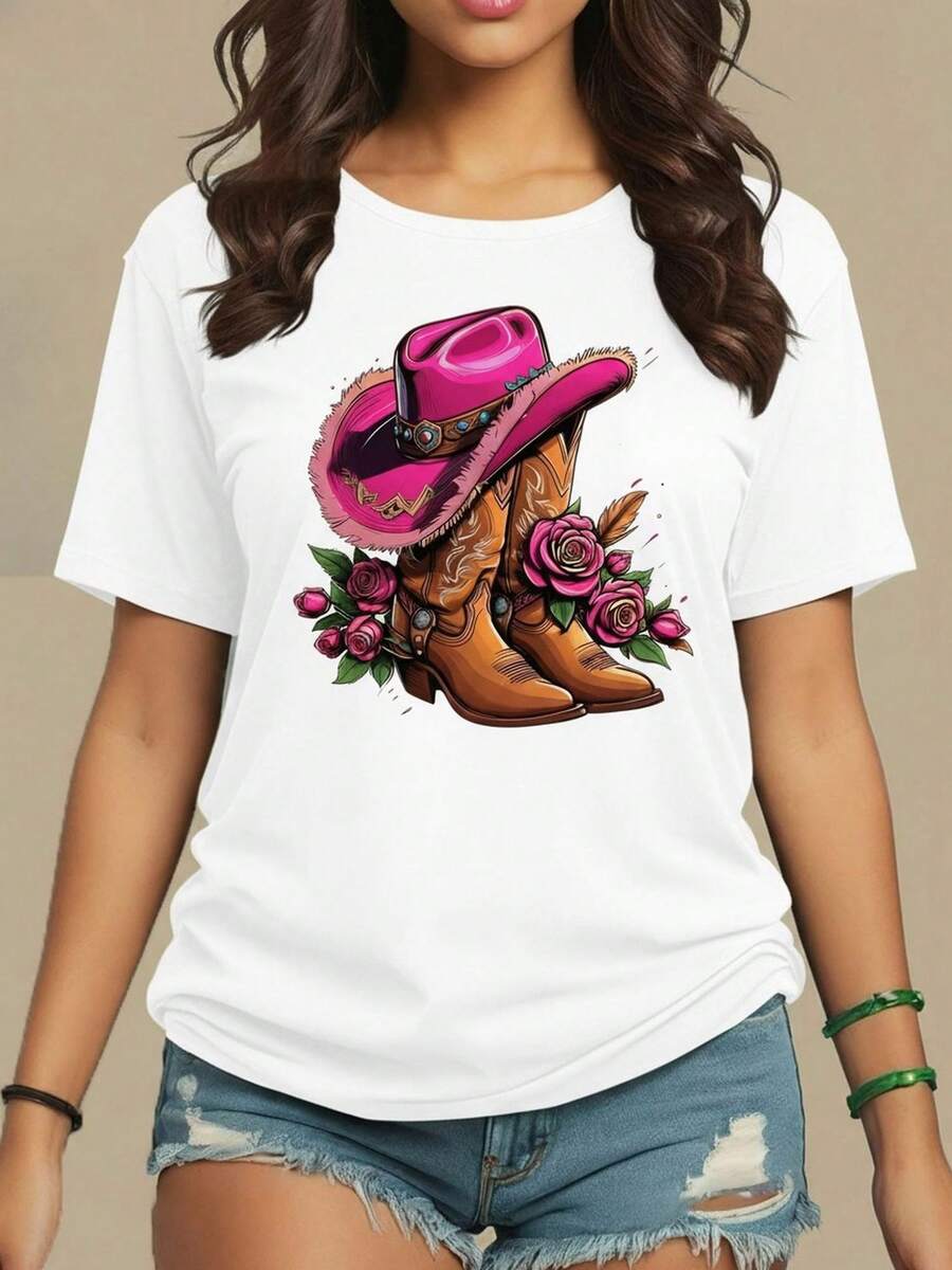 Women's T-Shirt, Boots, Hat, Pink, Cotton Blouse, Casual, Cute, Premium Knit, Short Sleeve, Round Neck Shirt - 白色 - 查看 1