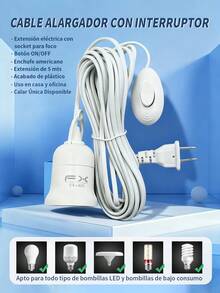 E27 Enchufe adaptador para foco de luz a enchufe de 2 puntas, tipo americano, a corriente, con apagador On/Off, con cable de 5M.Portalámparas Soporte de Base para Lampara, Soporte colgante de 5m, casquillo E27 con Cable para lámpara de sal con Cable de alimentación, para lámparas de noche, de mesita y de pared, iluminación comercial. - Blanco - Ver 2
