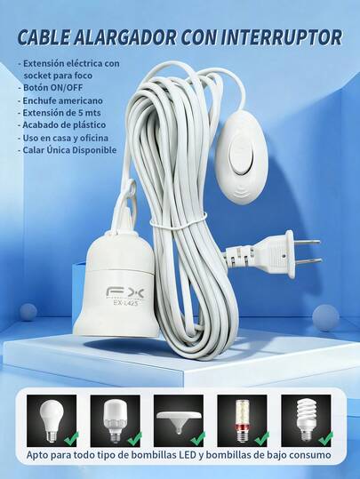 E27 Enchufe adaptador para foco de luz a enchufe de 2 puntas, tipo americano, a corriente alterna, con apagador On/Off, con cable de 5M.Portalámparas Soporte de Base para Lampara, Soporte colgante de 5m, casquillo E27 con Cable para lámpara de sal con Cable de alimentación, para lámparas de noche, de mesita y de pared, iluminación comercial.