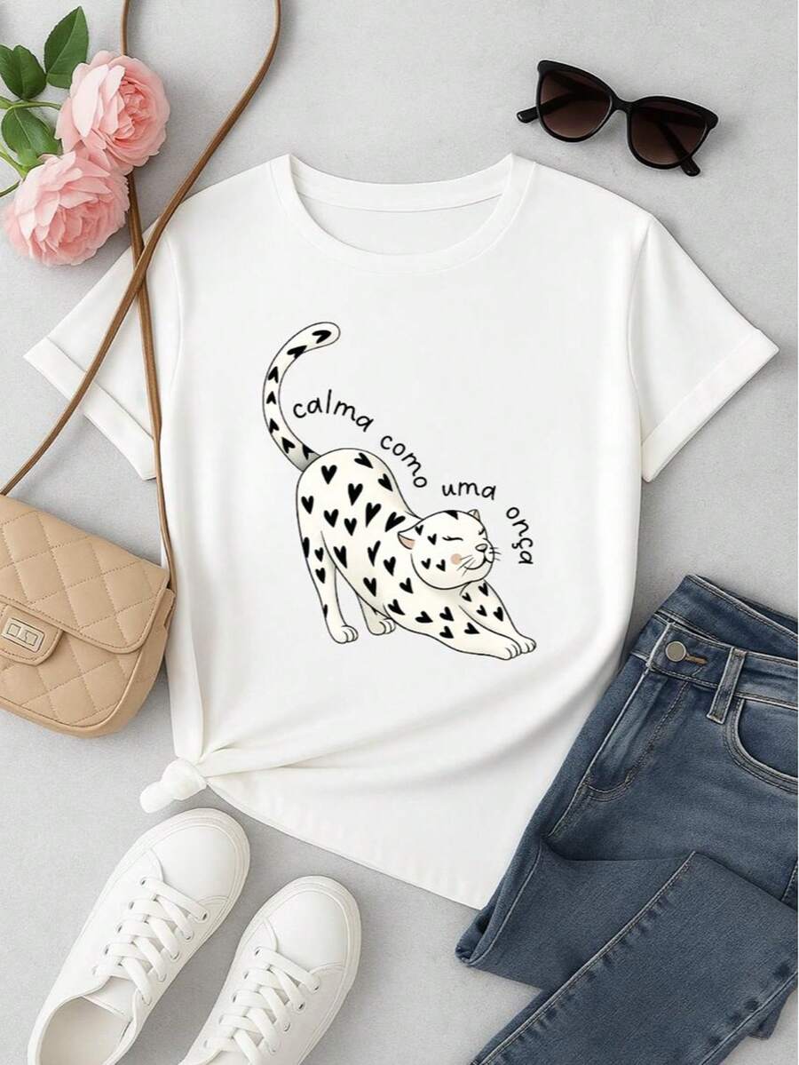 Women's Cotton T-Shirt, Basic Printed Blouse, 100% Cotton – Cute Leopard Print And Funny Phrase - White - View 1