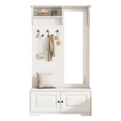 Wardrobe 100 X 40 X 180 Cm With Mirror, 5 Hooks, 2 Cupboards And A Shelf, Entryway Coat Rack, Clothes Cabinet With Shoe Storage, Entryway Wardrobe, Compact Wardrobe, White