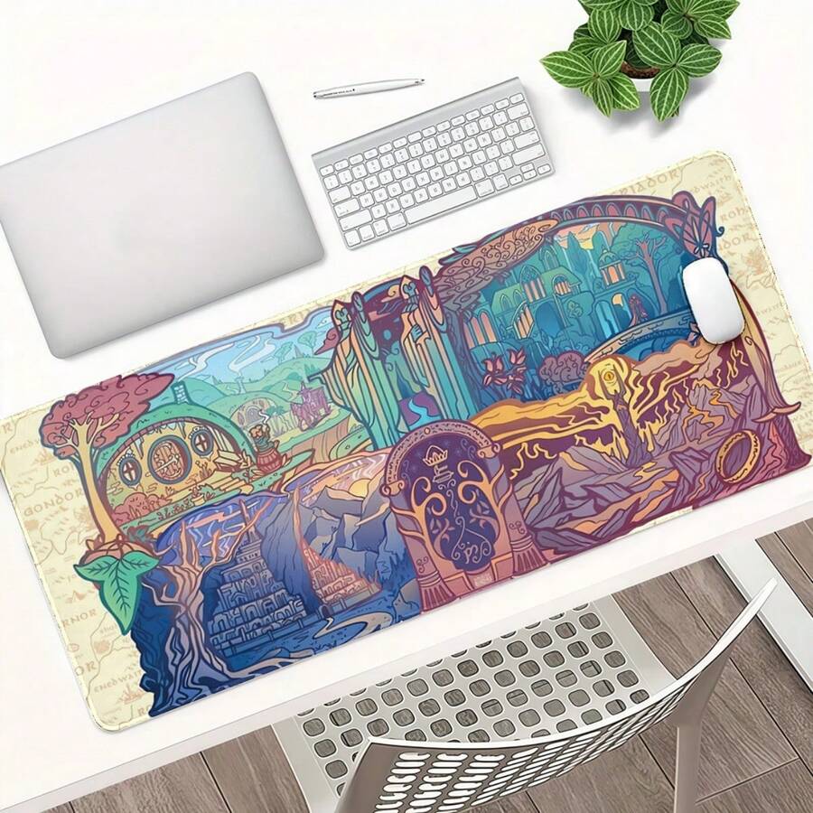 LOTR Landscapes Extra Large Gaming Desk Mat & Keyboard Mouse Pad - Middle-Earth Fantasy Design With Hobbit Holes, Durstenori, Mordor, Mithril - Non-Slip Rubber Base - 長方形 - 查看 1