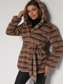 Striped Fuzzy Jacket With Fixed Hood And Waist Belt, Suitable For Winter Wear - Beige - View 4