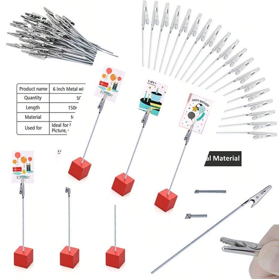 50PCS Metal Wire Alligator Clamp Long-Tailed Alligator Clip Clasp Place Card Holder Table Number Holder For DIY Card Note Photo Picture Menu Memo Clip Party Wedding Clay And Cake Decor 6inch/150mm - Bạc - Xem 1