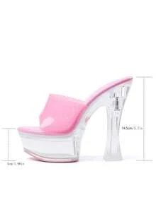Women's Sexy Clear Block Chunky High Heels Mules Fashion Peep Toe Transparent Platform Slip On Party Dress Nightclub Sandals - 粉色 - 查看 5