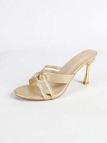 Women's Fashion High Heel Sandals, Lizard Embossed PU Leather, Thin Straps, Criss-Cross, Open Toe, Backless, Slip-On, Classic Round Toe, Gold Electroplated Heel, Stiletto, Summer, Outdoor, Regular, Women's Light Gold Sandals, High Heel Slides, Minimalist, Sexy, Party, Tied Straps - Gold - View 9