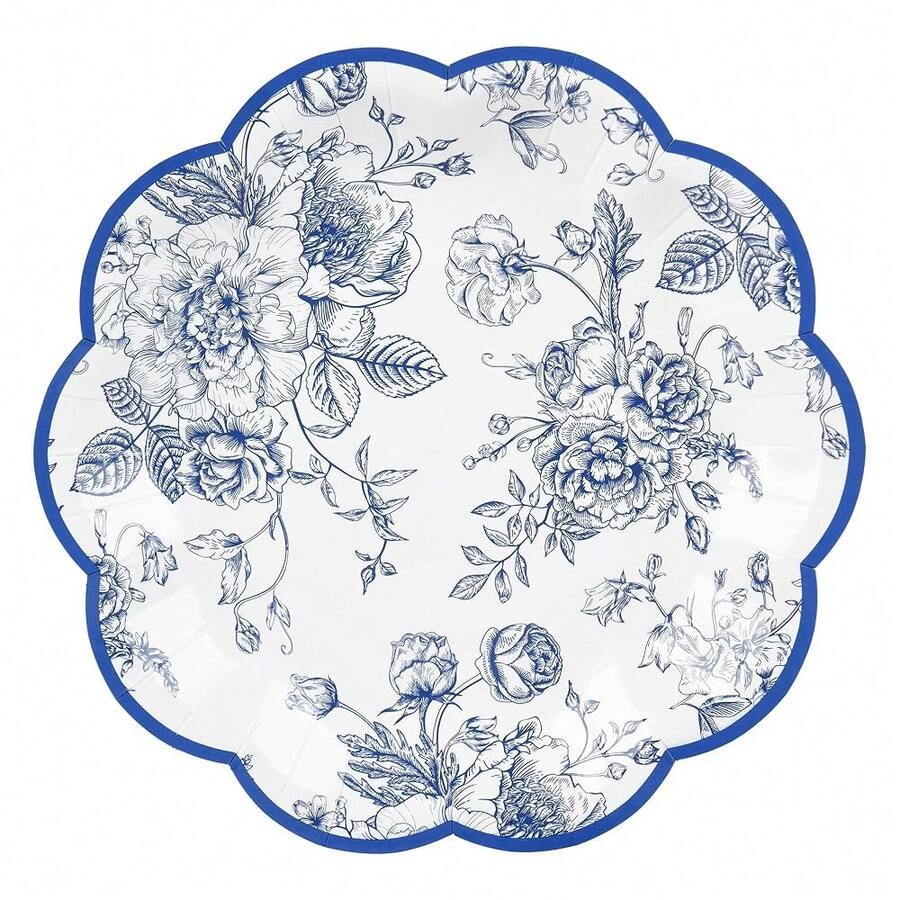 Blue Floral Party Plates - Vintage Leaf Disposable Paper Plates, Wildflower Toile 7inch Scalloped Rim Dessert Plates For Christmas, Birthday, Bridal Tea Party Supplies (24 Count),BlueFloral - 藍色花香 - 查看 1