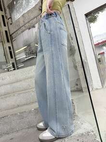 少女蝴蝶刺绣喇叭牛仔裤 - 藍色 - 查看 3