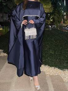 Satin Cape Elegant Dress , Occasion Abaya , Modest Dress With Pearl And Crystal - Navy Blue - View 4