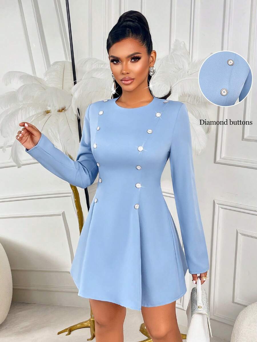 Amarilo 女士优雅复古法式长袖迷你裙 - 圆领，公主线，腰带纽扣，水钻装饰，适合毕业典礼、派对、约会和通勤婚礼 - 藍色 - 查看 1