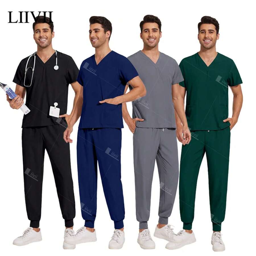 Medical Uniforms Men Women Unisex Nursing Clothes Beauty Costume Nurse Scrubs Sets Dentist Surgical Workwear Clinical Tops Pants - 42021-灰色 - 查看 1
