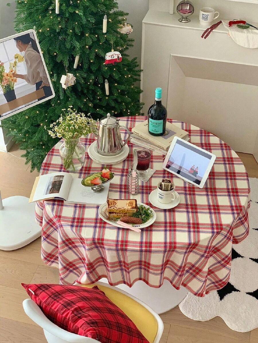 1pc Plaid Tablecloth, Red & Green Christmas Decor Cloth, Suitable For Daily Decoration And Holiday Use - Multicolor - View 1