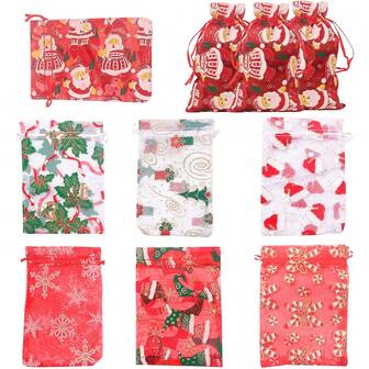 多色涤纶圣诞网眼抽绳礼品袋，倒计时日历袋，适用于DIY圣诞礼物、婚礼派对、新年礼物、情人节、母亲节、返校季装饰，尺寸9*15厘米