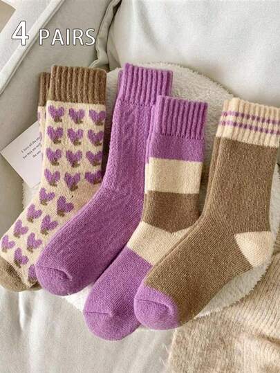 4 Pairs Thick Warm Women's Socks, Soft & Fashionable Purple Heart Pattern Mid-Calf Socks, Suitable For Winter