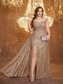 [Random Print] UNITHORSE Plus Women's Tube Top Ruched Bust Back Straps Design Floating Piece Slit Temperament Evening Dress - Champagne - View 2