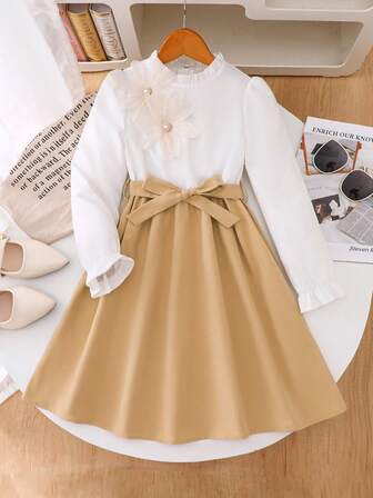 少女碎花领长袖系腰拼接休闲连衣裙，秋冬款