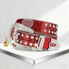 Cintura di lusso con rivetti e strass, fibbia retrò, stile punk con strass multicolore, adatta per casual, feste, Natale, San Valentino, regali di compleanno - Amore - Visualizzare 2