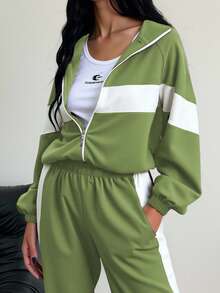 Bộ 2 áo hoodie có khóa kéo họa tiết chắp vá nhiều màu sắc thanh lịch, giản dị, thích hợp mặc khi chơi thể thao, mặc ở nhà, đi làm, dạo phố vào mùa xuân, thu và đông. Áo nỉ dài tay dáng rộng cho nữ vào mùa thu/đông - Màu xanh Ô liu - Xem 2