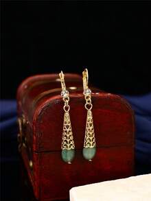 一对复古宫廷风镂空花卉雕刻镀金锌合金及天然石水滴形吊坠耳环，适合婚礼/派对及日常佩戴 - 彩色 - 查看 10