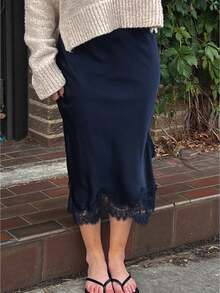 Women Silk Satin Half Slip Long Skirts Lace Patchwork Elastic Waist Long Skirt Elegant Silky Flowy A Line Midi Skirts - Màu xanh hải quân - Xem 1