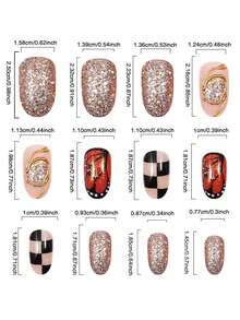 24 piezas de diseños de arte de uñas de otoño e invierno con mariposa monarca, patrones de líneas doradas y brillos a cuadros para uñas postizas cortas ovaladas - Multicolor - Ver 6