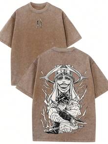 Double-Sided Washed Printing T-Shirts With Anime Character Pattern Round Neck Short Sleeve Retro Top Tees, 230g 100% Cotton T-Shirts,Halloween Gift, Unisex - 棕色 - 查看 1