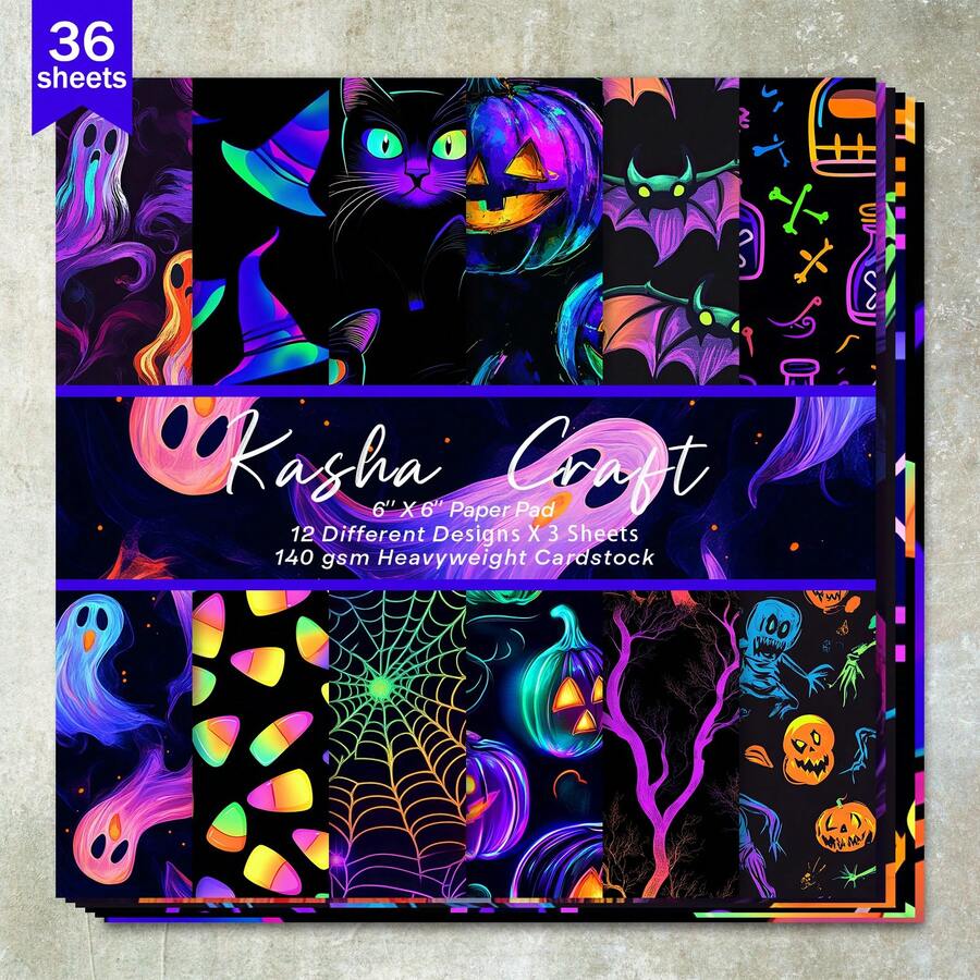 36 hojas de 6 pulgadas de papel de scrapbooking con fondo de calabazas que brillan en la oscuridad, adecuado para diarios de balas, collages, tarjetas de felicitación, scrapbooks y manualidades - Morado - Ver 1