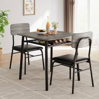 Mesa de comedor para 2 personas con estante de almacenamiento, mesa de cocina pequeña para 2 personas con marco de metal, mesa cuadrada con sillas tapizadas, juego de 2 unidades, juego de