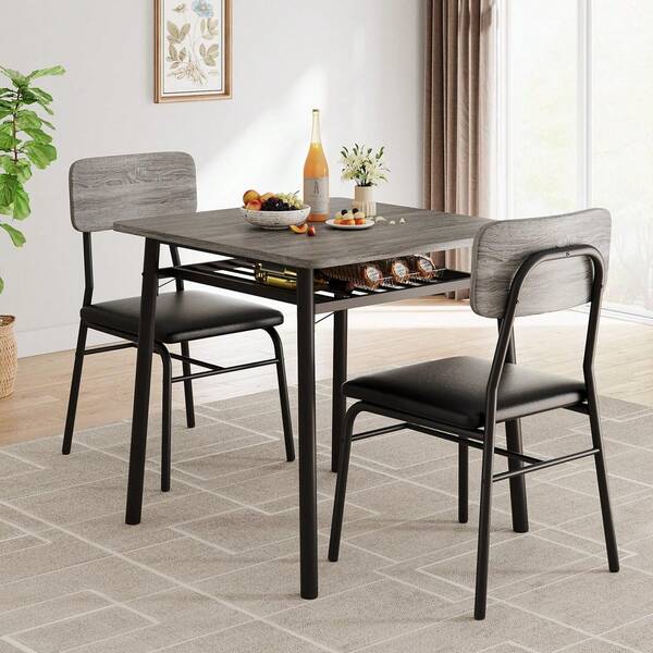 Mesa de comedor para 2 personas con estante de almacenamiento, mesa de cocina pequeña para 2 personas con marco de metal, mesa cuadrada con sillas tapizadas, juego de 2 unidades, juego de