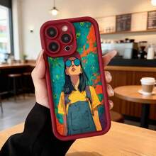 Cubierta de teléfono con borde negro diseño de chica con gafas y delantal amarillo sobre fondo abstracto colorido para uso diario en cafeterías Aplicable a los teléfonos de la serie Apple y Galaxy - Burdeos - Ver 2