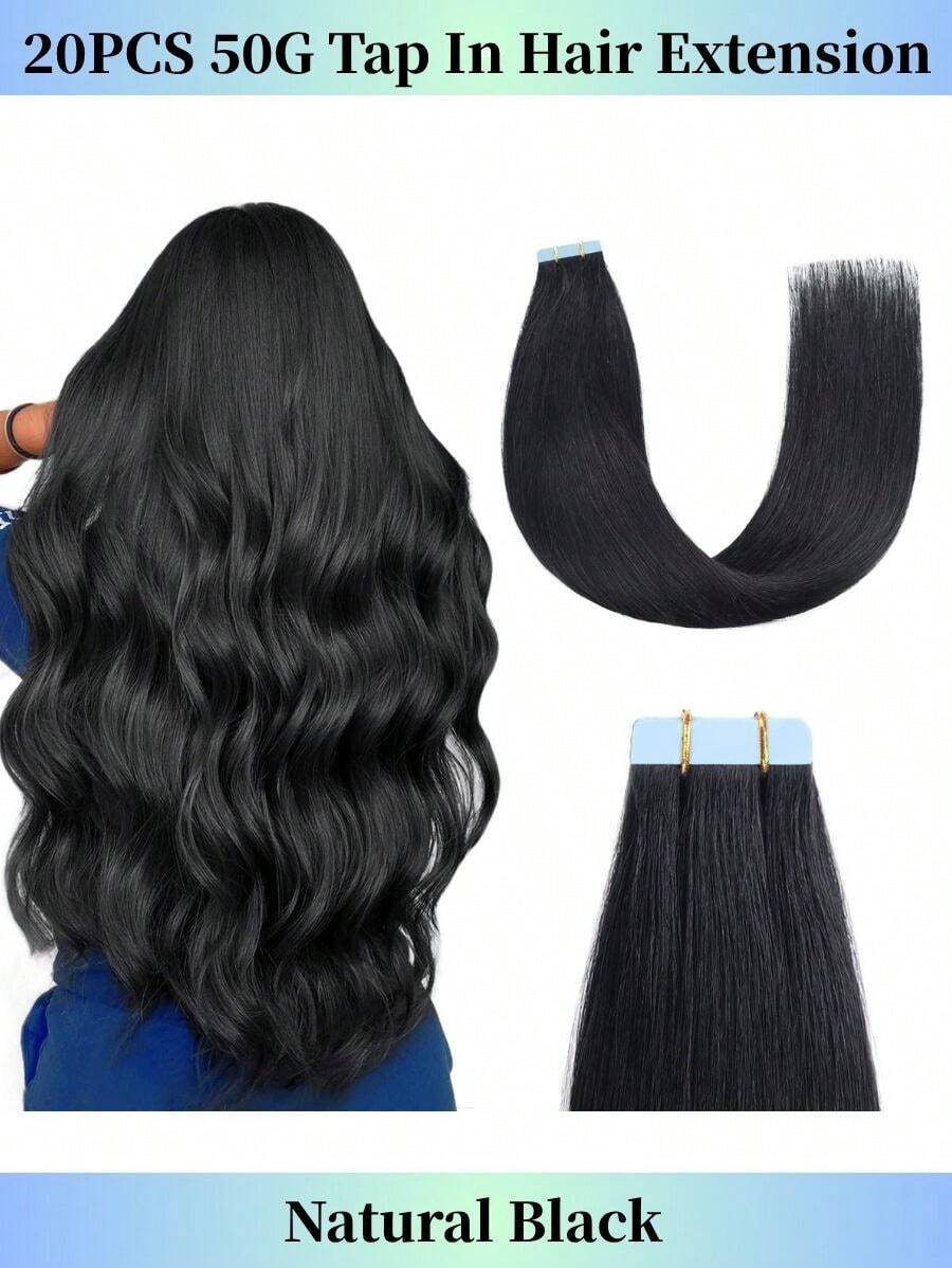 20PCS 50G Black Tape In Hair Extensions Human Hair Seamless Hair Extensions Tape In Black Hair Extensions Human Hair Tape In Real Hair Extensions Tape In Human Hair 16-26Inch - Natural Black - 查看 1