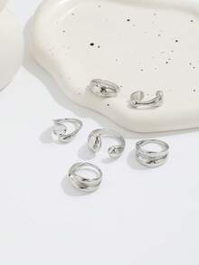 6pcs Asymmetrical Liquid Silver Smooth Rings, Unique Minimalist Water Drop Rings For Women