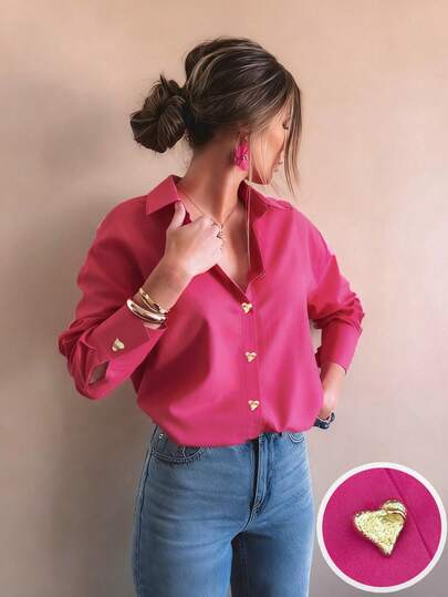 Camisa básica elegante y casual con botones de metal en forma de corazón a rayas de color rosa pálido, ropa de exterior casual de otoño/invierno, ropa casual de negocios para mujer en primavera