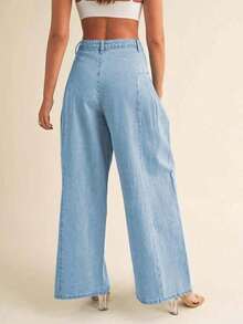 Womens Baggy High Waist Wide Leg Jeans Loose Boyfriend Denim Pants With Side Pleats - 藍色 - 查看 3