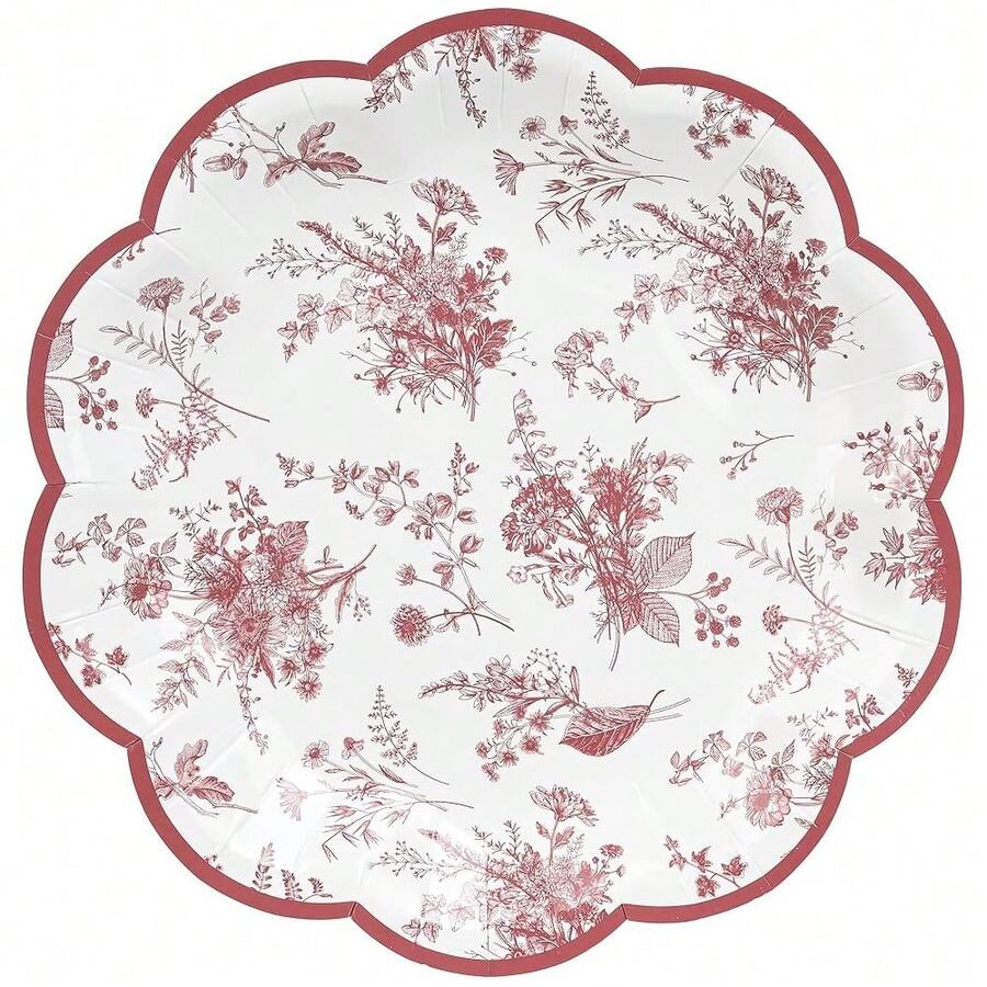 24Pcs Red Floral Party Plates Vintage Floral Leaf Disposable Paper Plate Wildflower Red Toile 7inch Scalloped Rim Dessert Plates For Christmas Birthday Bridal Tea Party Supplies,Red - 紅色的 - 查看 1