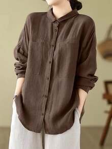 Women's Drop Shoulder Long Sleeve Solid Color Front Button Pocket Casual Shirt - Brown - View 1