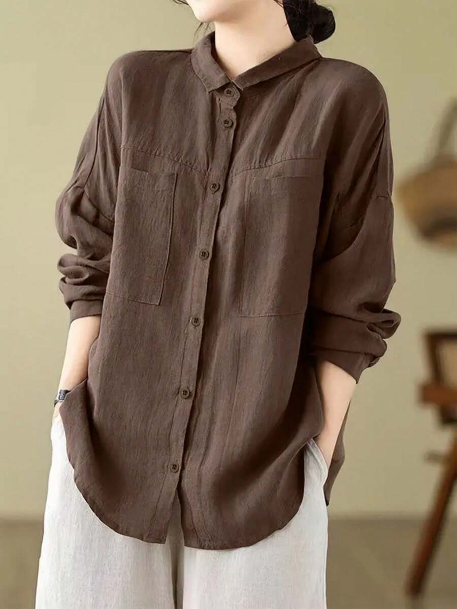Women's Drop Shoulder Long Sleeve Solid Color Front Button Pocket Casual Shirt - Brown - View 1