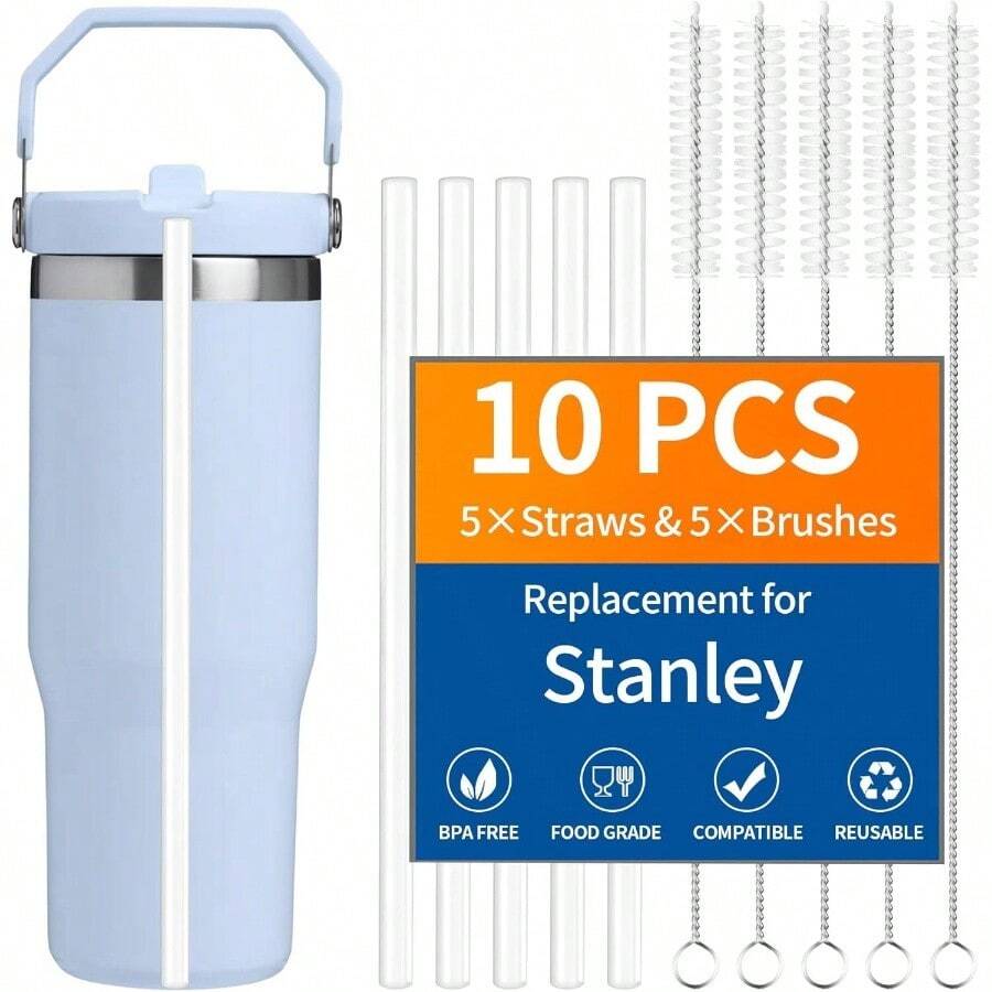 10 Pack Straw IceFlow 30oz/64oz Cup Tumbler, 14oz/20oz, 5 Pack Reusable Plastic Straws With 5 Pack Cleaning Brushes, , BPA - Cut - To - Fit 8.46in - Dành cho IceFlow 30/40/64oz - Xem 1