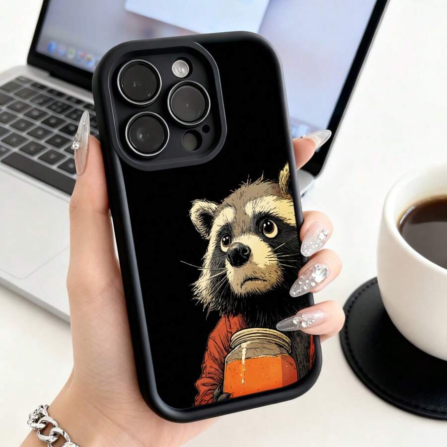 Cubierta de teléfono con diseño de mapache con tarro de miel color negro para uso diario y trabajo - Blanco - Ver 1