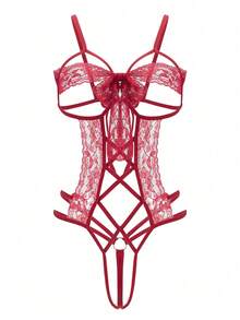 1pc Lace Belted Bowknot Sexy Bodysuit For Women, Backless Lingerie With Bondage Element, Perfect, Valentine's Day, Anniversary, Date, Gift, Honeymoon, Baddie Look - 紅色 - 查看 10