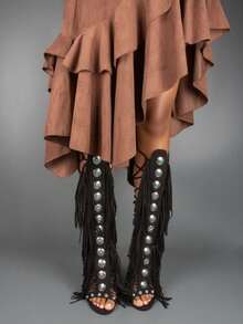 Women's Knee High Stiletto Boots With Gemstone Straps & Fringe Detail | Peep Toe Lace Up Heel Sandals For Fashion Bohemian - 黑色 - 查看 4
